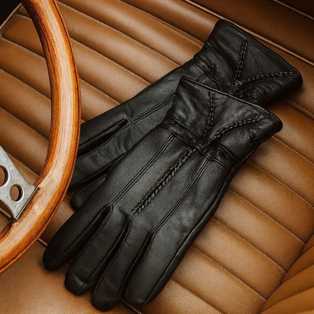 Mens Black Leather Gloves Thermosoft Insulated 100g Warm Lined Winter Driving